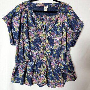 Route 66 Original Clothing Womens Top Sz 2X Short Sleeve Button Down Navy Floral